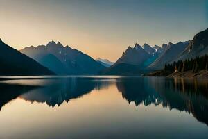 une calme Lac reflétant le brillant Montagne pics cette ciment il. ai généré photo