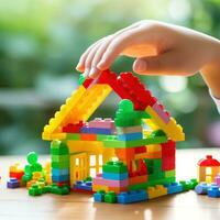 une enfant mains bâtiment une Facile maison avec coloré Plastique blocs photo