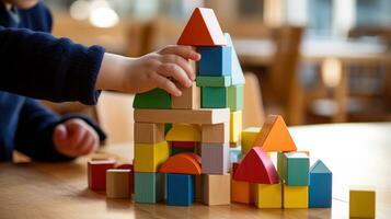 une enfant mains bâtiment une Facile maison avec coloré Plastique blocs photo