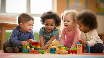 une groupe de les enfants en jouant ensemble et bâtiment avec en bois blocs. photo