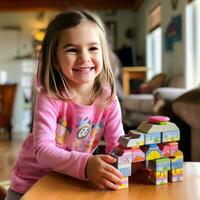 une Jeune enfant en utilisant blocs à apprendre de base compte et math compétences. photo