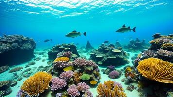 submergé monde avec coloré corail récifs, étrange Marin vie, et un vieux déprimé transport. ai généré photo