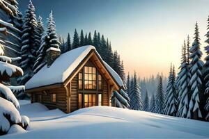 plan une agréable cabine installé dans une froid des bois, englobé par imposant conifères. ai généré photo