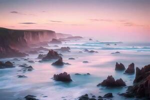 dans le matin, le falaises près le côte Regardez lumière bleu et pâle rose.. Créatif Ressource, ai généré photo