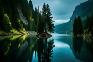 une nébulosité sécurisé Montagne Lac avec à feuilles persistantes des arbres réfléchi sur ses scintillant surface. ai généré photo