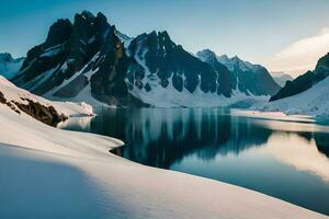 une impeccable neige plafonné Lac installé interne les pièces le centre de imposant la glace feuilles et neige plafonné crêtes. ai généré photo