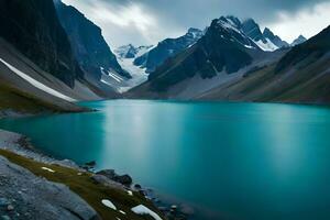 une idéaliser neige plafonné Lac installé interne les pièces le centre de imposant la glace feuilles et neige plafonné crêtes. Créatif Ressource, ai généré photo