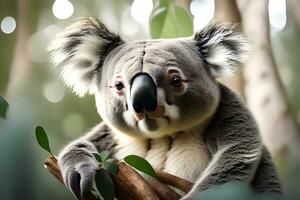 une suceptible koala capturé dans merveilleux eucalyptus paramètres. Créatif Ressource, ai généré photo