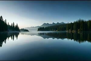 une nébulosité sécurisé Montagne Lac avec à feuilles persistantes des arbres réfléchi sur ses scintillant surface. ai généré photo