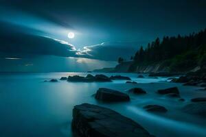 le tranquille et charmé scène de clair de lune reflétant sur délicat océan vagues. ai généré photo