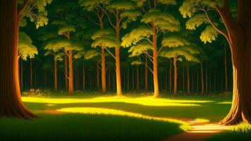 une calme et paisible clairière dans le forêt, rempli avec une doux et apaisant lumière de lucioles. illustration, ai généré photo