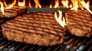 Viande steak sur le flamme griller avec fumée et fusées éclairantes. ai généré photo