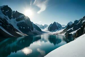 une idéaliser neige plafonné Lac installé interne les pièces le centre de imposant la glace feuilles et neige plafonné pics. ai généré photo