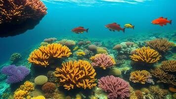 fascinant image de une énergique corail récif inondation avec coloré indiquer, tortues, et autre Marin vie. ai généré photo