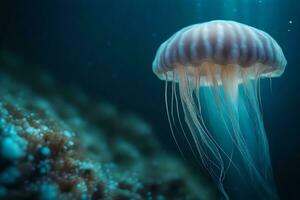 un éthéré méduse dépeint dans fascinant submergé large escalader. Créatif Ressource, ai généré photo