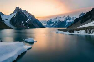 une idéaliser neige plafonné Lac installé interne les pièces le centre de imposant la glace feuilles et neige plafonné crêtes. Créatif Ressource, ai généré photo