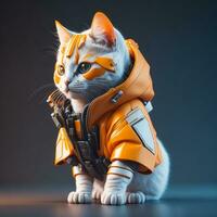 isométrique vue de une mini mignonne hyperréaliste futuriste soldat chat portant cyberpunk veste. ai généré photo