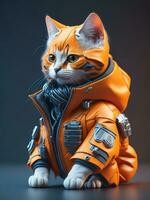 isométrique vue de une mini mignonne hyperréaliste futuriste soldat chat portant cyberpunk veste. ai généré photo