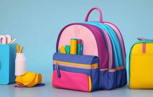 école accessoires avec école sac avec copie espace. prêt pour école concept. 3d le rendu, 3d illustration. ai généré photo