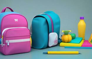 école accessoires avec école sac avec copie espace. prêt pour école concept. 3d le rendu, 3d illustration. ai généré photo