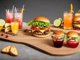 groupe de Frais été des cocktails et Burger à en bois planche isolé à noir Contexte. ai généré photo