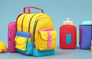 école accessoires avec école sac avec copie espace. prêt pour école concept. 3d le rendu, 3d illustration. ai généré photo