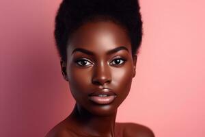 magnifique africain américain femme avec parfait peau sur rose Contexte ai généré photo