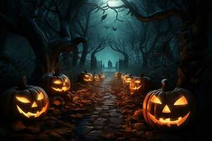 Halloween Contexte avec effrayant citrouilles dans foncé forêt ai généré photo