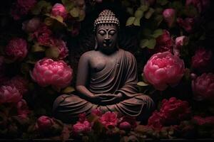 Bouddha statue avec rouge fleurs Contexte ai généré photo