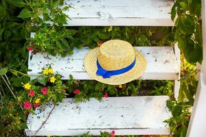 le paille chapeau sur le en bois escalier est entouré par verdure photo