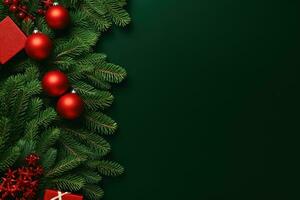 Noël Contexte avec sapin branches sur une vert Contexte ai généré photo
