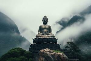Bouddha statue sur le Haut de Montagne dans brumeux Matin ai généré photo