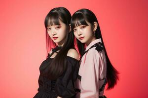 portrait de deux magnifique asiatique femmes dans noir robe sur rouge Contexte ai généré photo