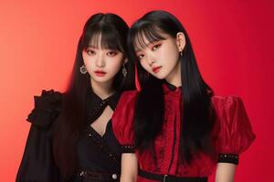 portrait de deux magnifique asiatique femmes dans noir robe sur rouge Contexte ai généré photo