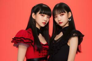 portrait de deux magnifique asiatique femmes dans noir robe sur rouge Contexte ai généré photo