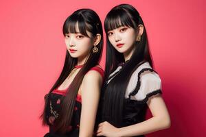 portrait de deux magnifique asiatique femmes dans noir robe sur rouge Contexte ai généré photo