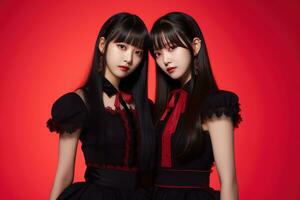 portrait de deux magnifique asiatique femmes dans noir robe sur rouge Contexte ai généré photo