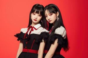 portrait de deux magnifique asiatique femmes dans noir robe sur rouge Contexte ai généré photo