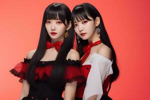portrait de deux magnifique asiatique femmes dans noir robe sur rouge Contexte ai généré photo