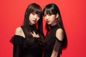 portrait de deux magnifique asiatique femmes dans noir robe sur rouge Contexte ai généré photo