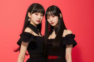 portrait de deux magnifique asiatique femmes dans noir robe sur rouge Contexte ai généré photo