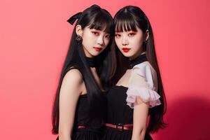 portrait de deux magnifique asiatique femmes dans noir robe sur rouge Contexte ai généré photo