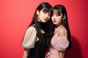 portrait de deux magnifique asiatique femmes dans noir robe sur rouge Contexte ai généré photo