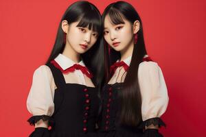 portrait de deux magnifique asiatique femmes dans noir robe sur rouge Contexte ai généré photo