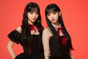 portrait de deux magnifique asiatique femmes dans noir robe sur rouge Contexte ai généré photo