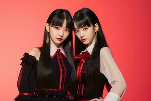 portrait de deux magnifique asiatique femmes dans noir robe sur rouge Contexte ai généré photo