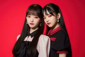 portrait de deux magnifique asiatique femmes dans noir robe sur rouge Contexte ai généré photo