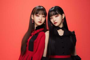 portrait de deux magnifique asiatique femmes dans noir robe sur rouge Contexte ai généré photo