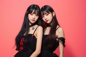 portrait de deux magnifique asiatique femmes dans noir robe sur rouge Contexte ai généré photo