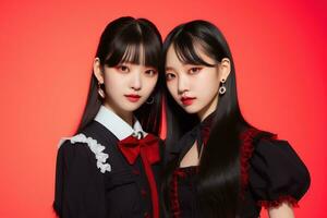 portrait de deux magnifique asiatique femmes dans noir robe sur rouge Contexte ai généré photo